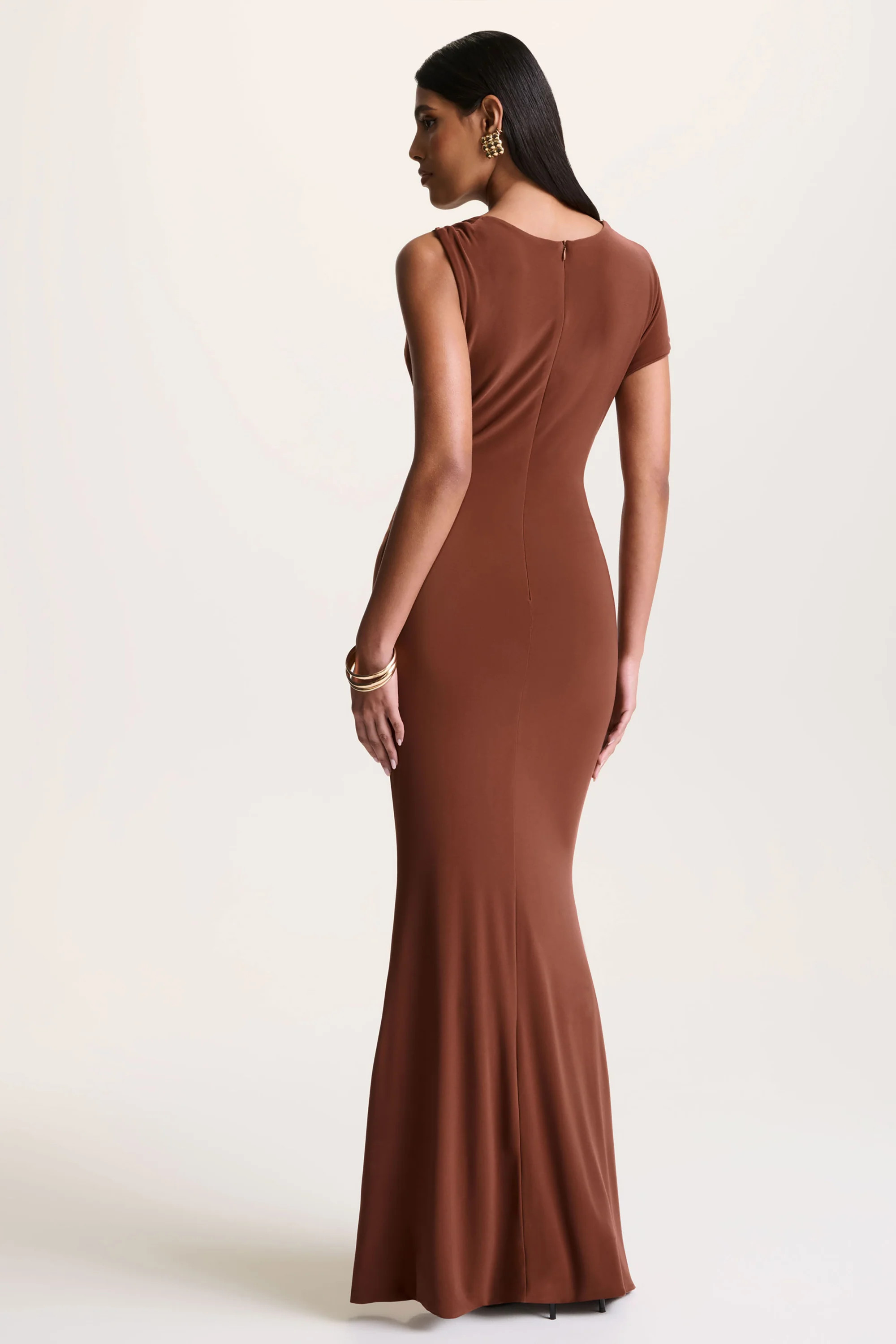 Blaire | Brown Asymmetric-Neck Maxi Dress With Gold-Detailing | Club L London