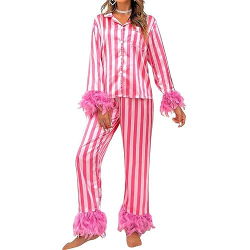 Sastianaen Women Valentine's day Feather Pajamas Silk Satin Lounge Sets Long Sleeve Button Down Shirts and Pants 2 Piece Pj Set XL Pink | Amazon (US)