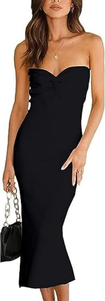 Women Sexy Strapless Twist Front Knitted Bandeau Tube Top Long Dress Party Casual Split Thigh Sol... | Amazon (US)