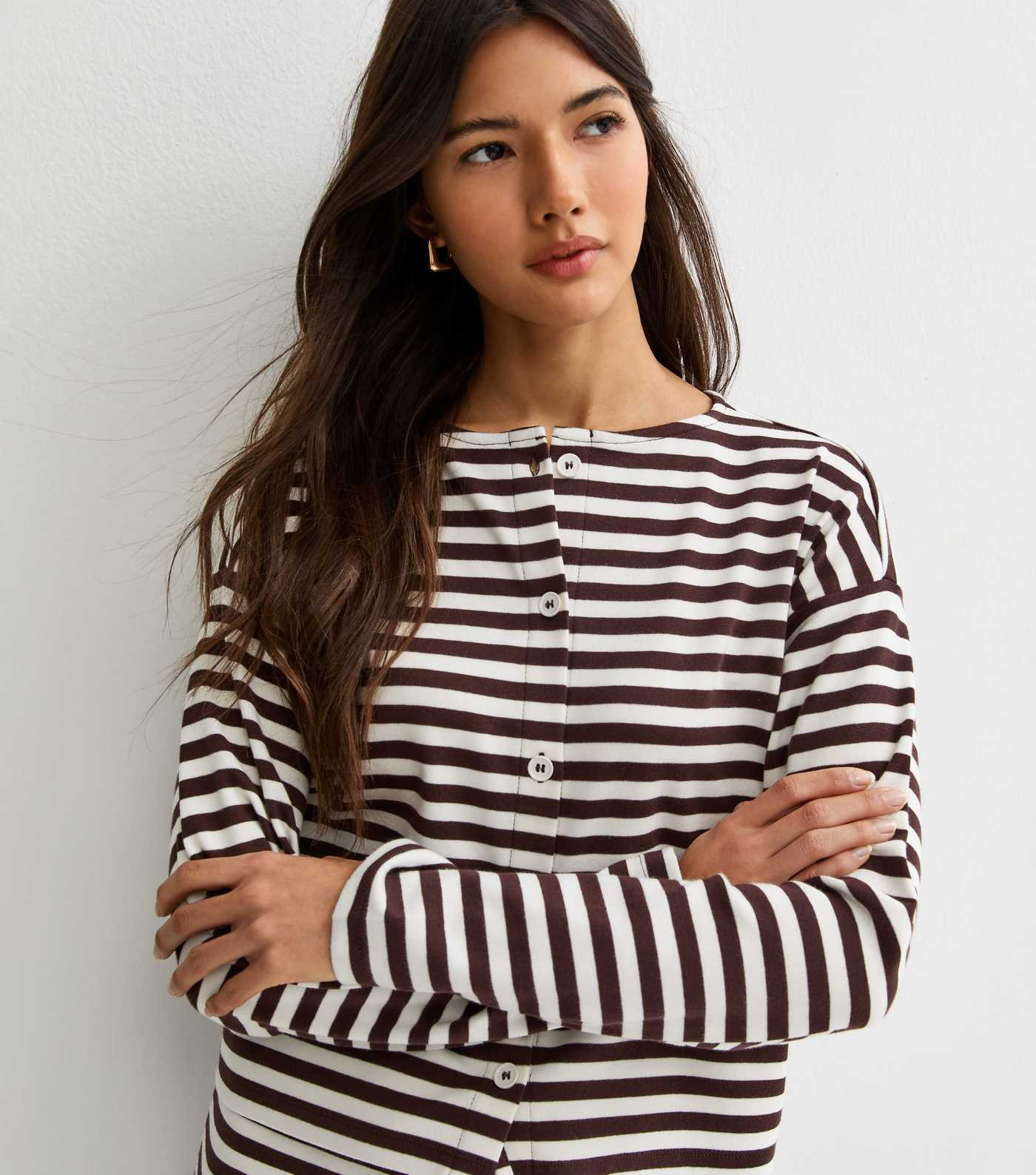 Brown Relaxed Striped Button Through Cardigan | New Look | New Look (UK)