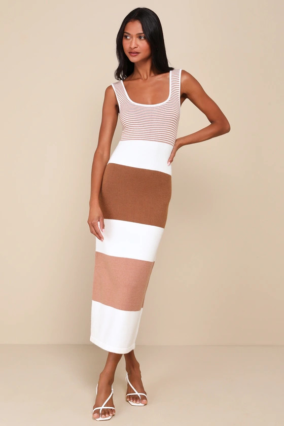 Easily Gorgeous Ivory and Brown Striped Midi Sweater Dress | Lulus