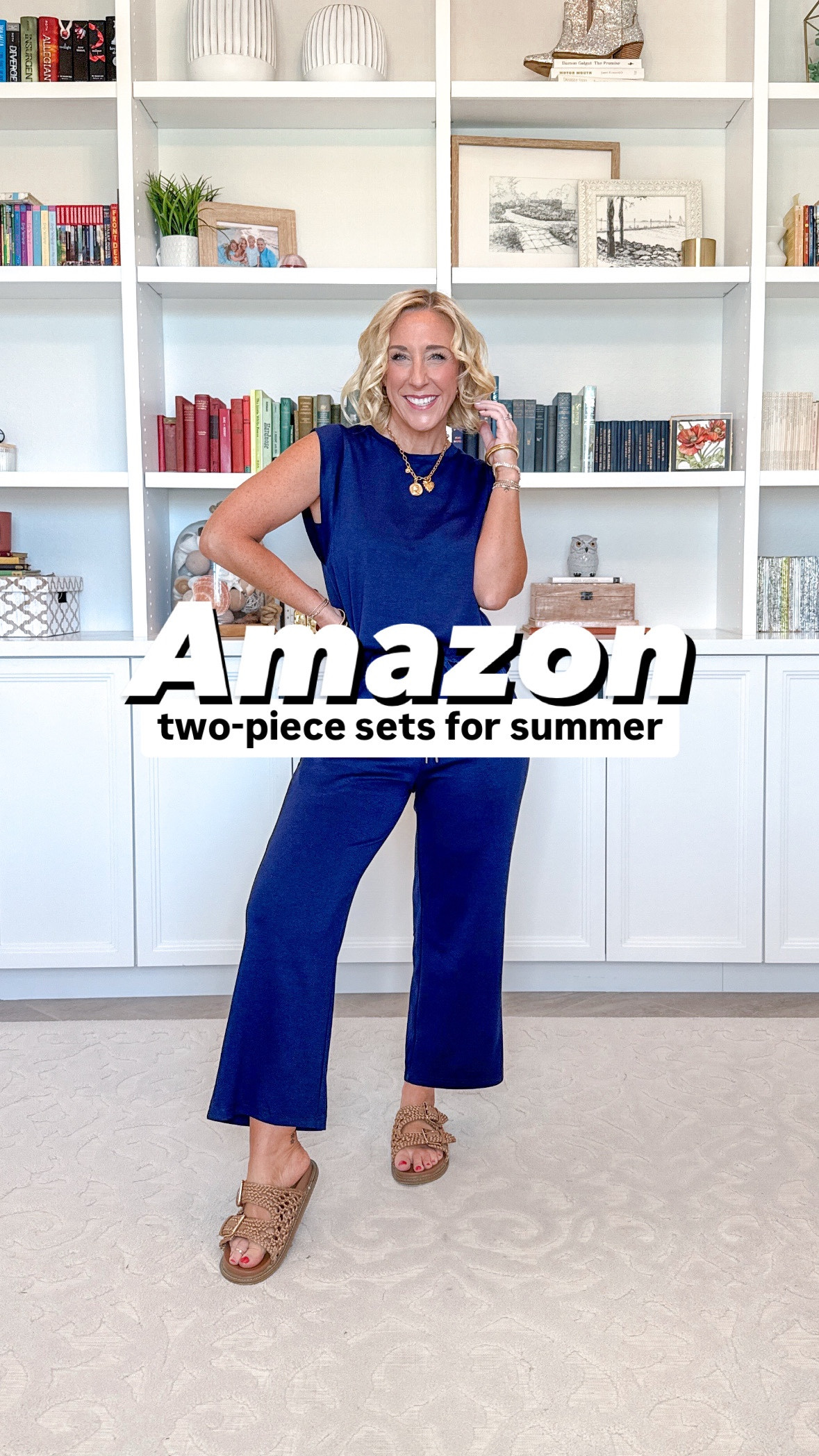 Amazon 2-piece sets for summer:
• Half zip set (from beginning) - size small.
1. & 2. Cap sleeve set - size small (I have the colors navy & brown).
3. & 4. Sleeveless, mock neck set - size small. (I have the colors sage green and black).
• sandals - tts. 

#LTKSeasonal #LTKPetite #LTKFindsUnder50