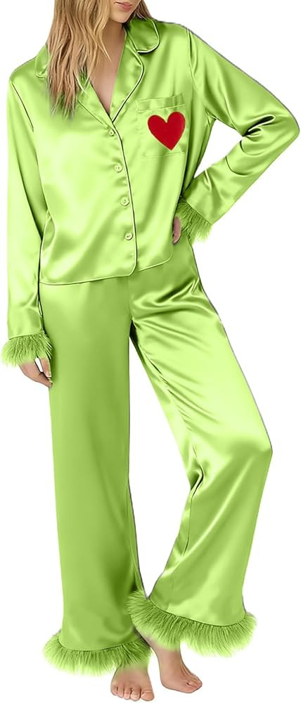 Muineobuka Womens Christmas Pajamas Set Satin Silk Feather Trim Shirts Pants Pjs Sets 2 Piece Xma... | Amazon (US)