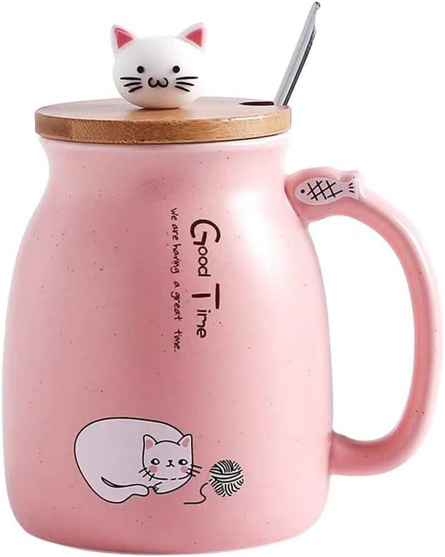 Cat Mug Cute Ceramic Coffee Cup with Lovely Kitty wooden lid Stainless Steel Spoon,Novelty Mornin... | Amazon (US)