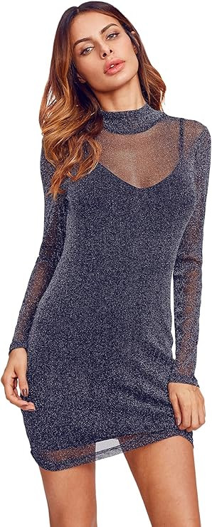 Floerns Women's Long Sleeve Mesh Sheer Glitter Bodycon Party Dress | Amazon (US)
