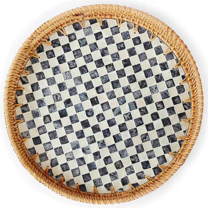YANGQIHOME Round Rattan Tray with Handle, Mother of Pearl Inlay Decorative Wicker Basket for Coff... | Amazon (US)