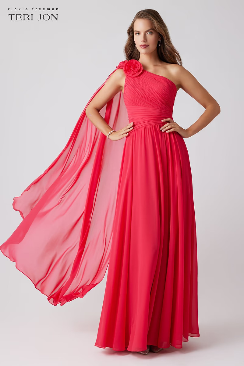 Pleated Chiffon Gown with Floral Shoulder | TERI JON