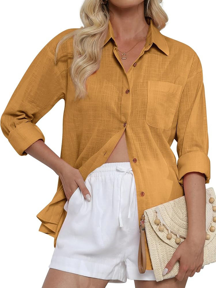 CUNLIN Women's Button Down Shirts Gauze Cotton Beach Wear Long Sleeve Shirt for Women with Front ... | Amazon (US)