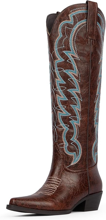Modatope Cowboy Knee High Boots for Women Pointed Toe Chunky Heel Embroidered Wide Calf Cowgirl B... | Amazon (US)