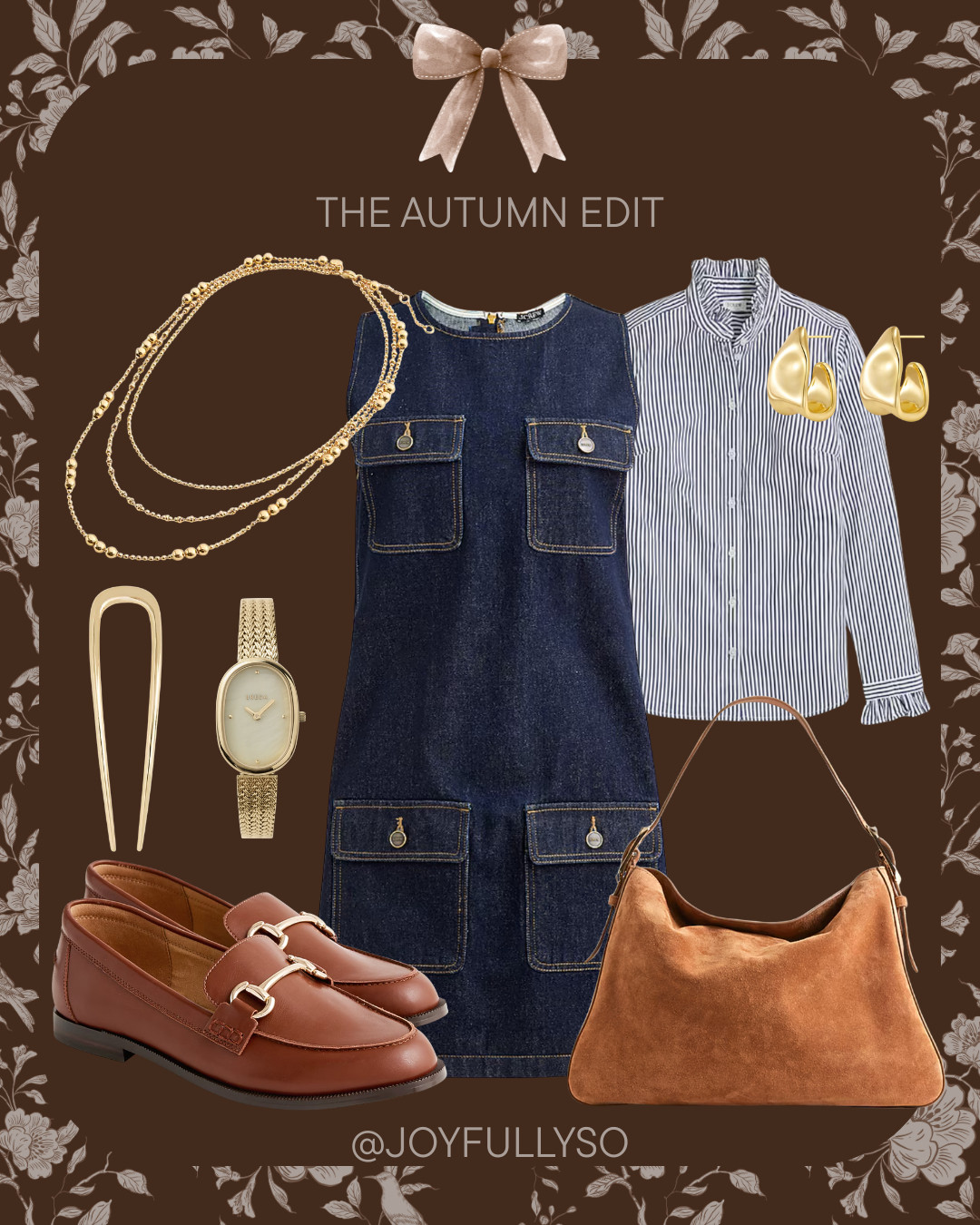 autumn outfit idea

denim shift dress
ruffle button up shirt
loafers
french hair pin
suede handbag 

 #LTKSeasonal #LTKSaleAlert #LTKFindsUnder100