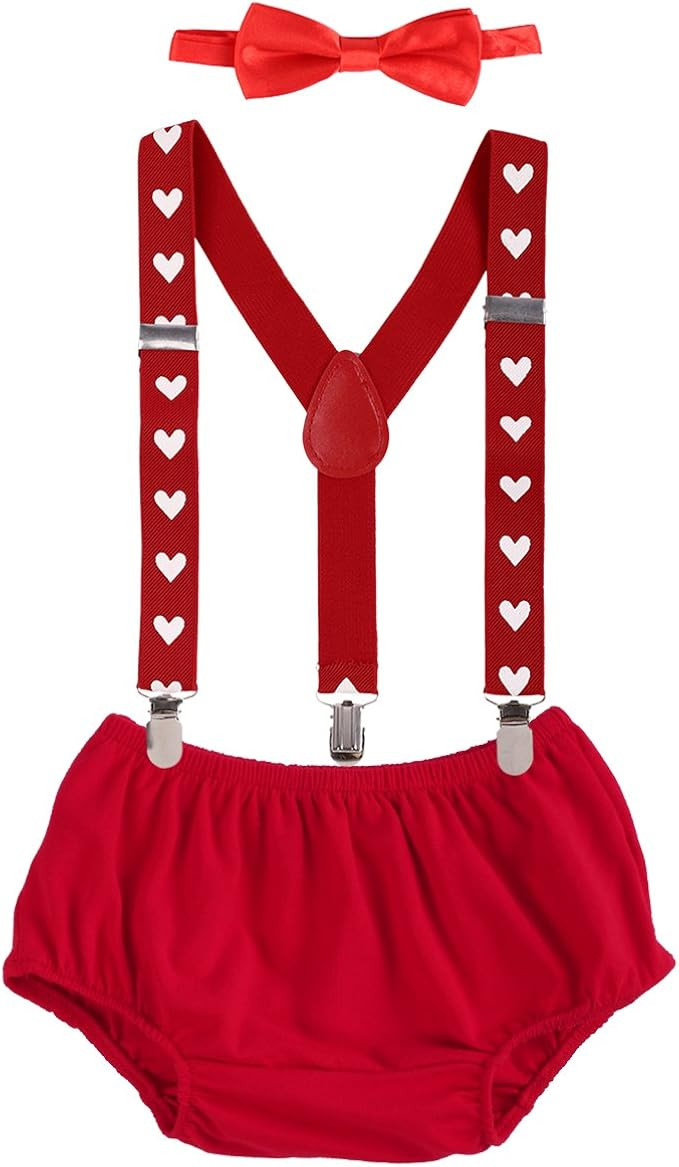 Baby Boys Cake Smash Outfit First 1st Birthday Bloomers Adjustable Suspenders Bowtie Set for Phot... | Amazon (US)