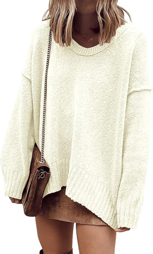 Prinbara Women's Oversized Long Sleeve V Neck Off The Shoulder Baggy Comfy Knit Pullover Sweaters | Amazon (US)