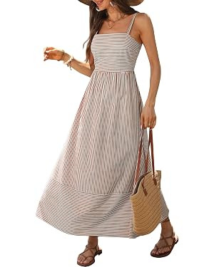 Caracilia Womens Maxi Dresses Gingham Spaghetti Strap Back Smocked Flowy Long Sundress Summer Bea... | Amazon (US)
