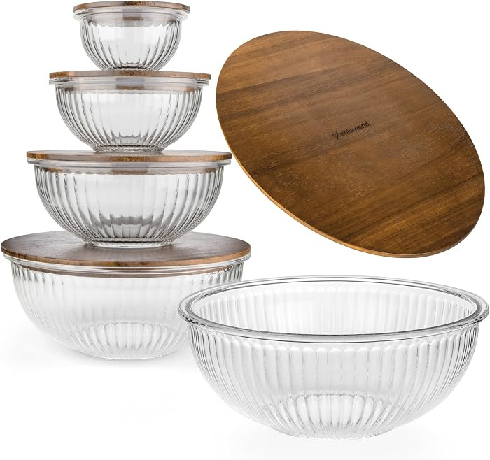 Stackable Glass Mixing Bowls with Acacia Lids Set of 5 | Amazon (US)