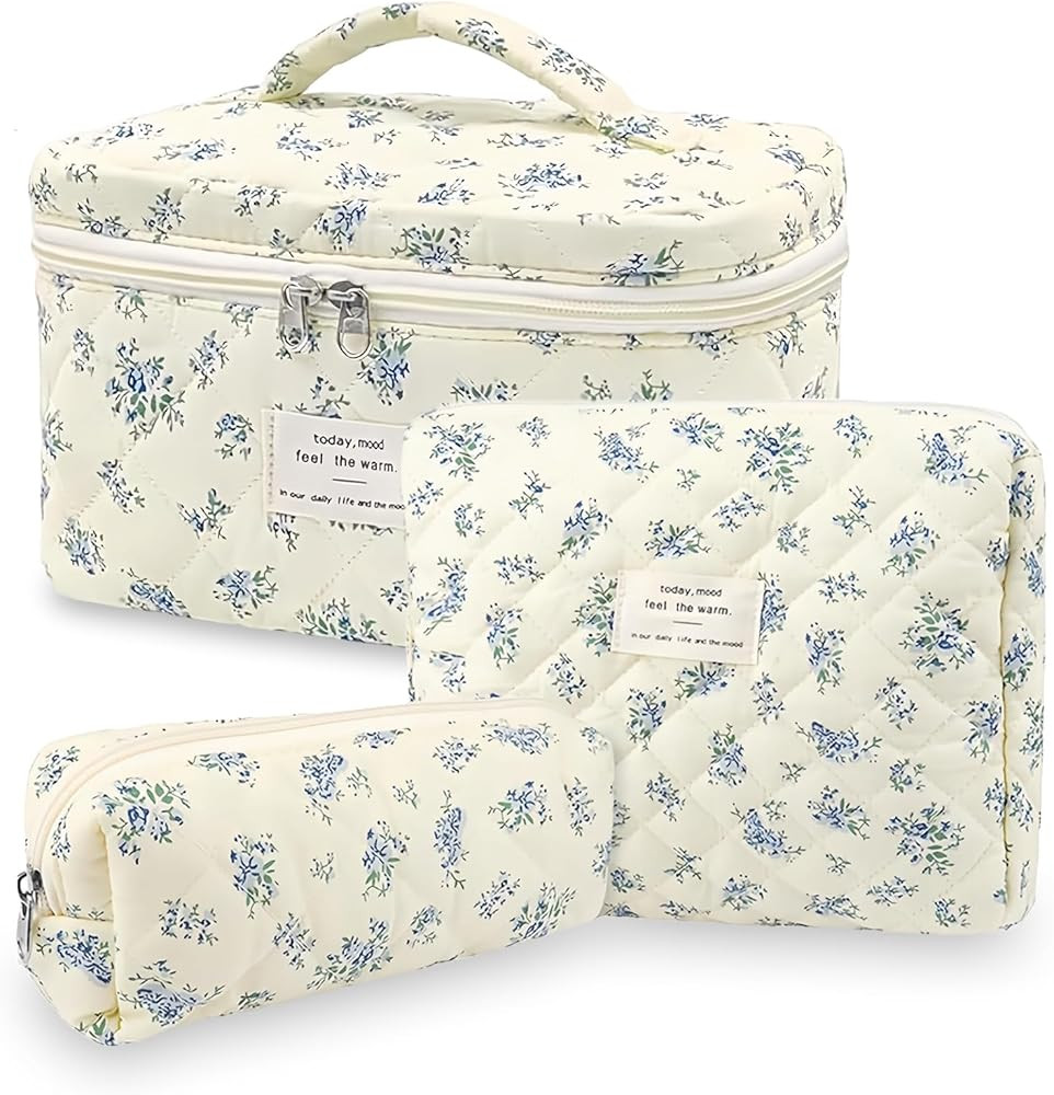 Travel Cosmetic Bag Set, Quilted Toiletry Bag with Floral Pattern, Portable Makeup Bag for Girls ... | Amazon (DE)