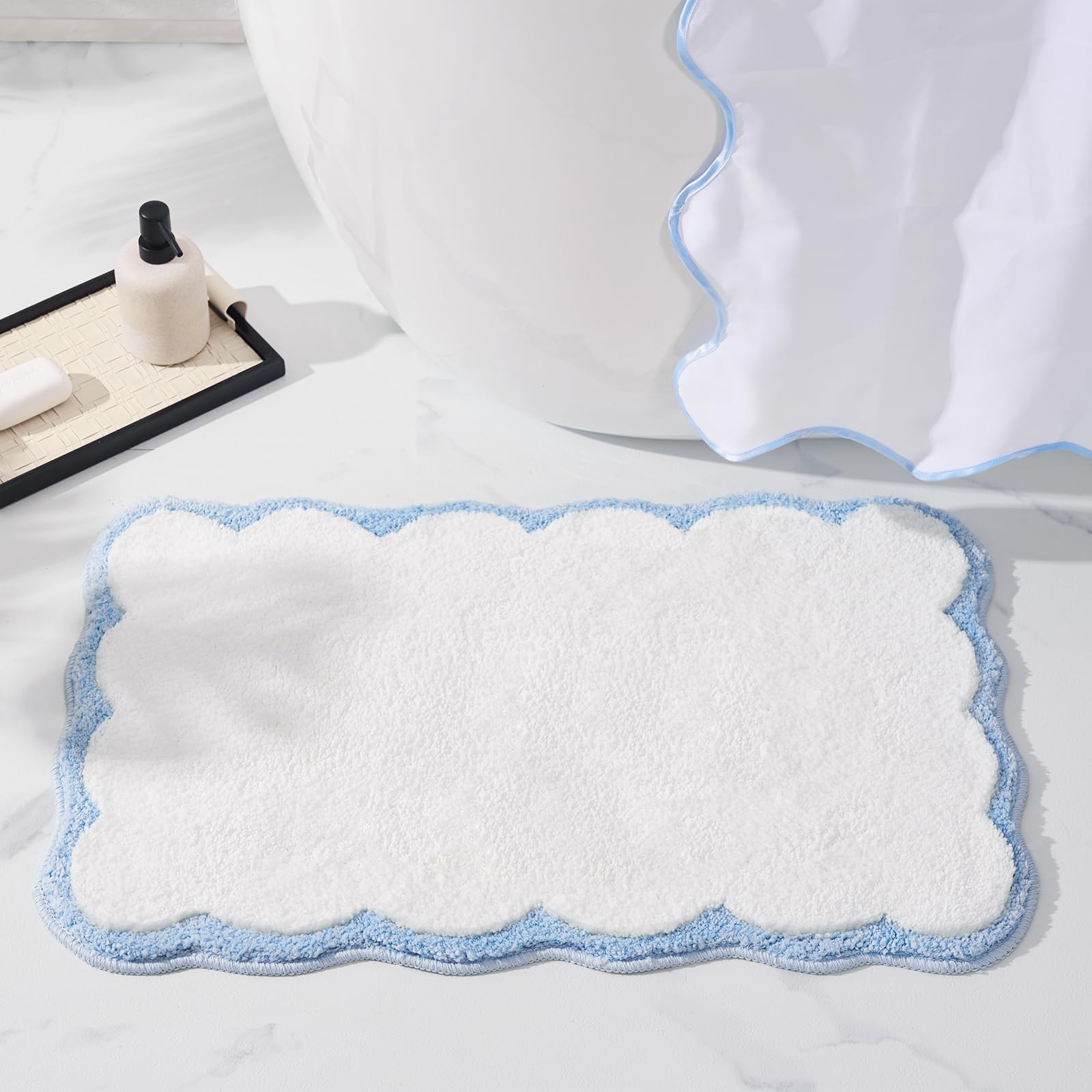 ELDONE Cute Scalloped Bathroom Rugs, Microfiber Tufted Bath Mats, Fun White and Blue Bathmat for ... | Amazon (US)
