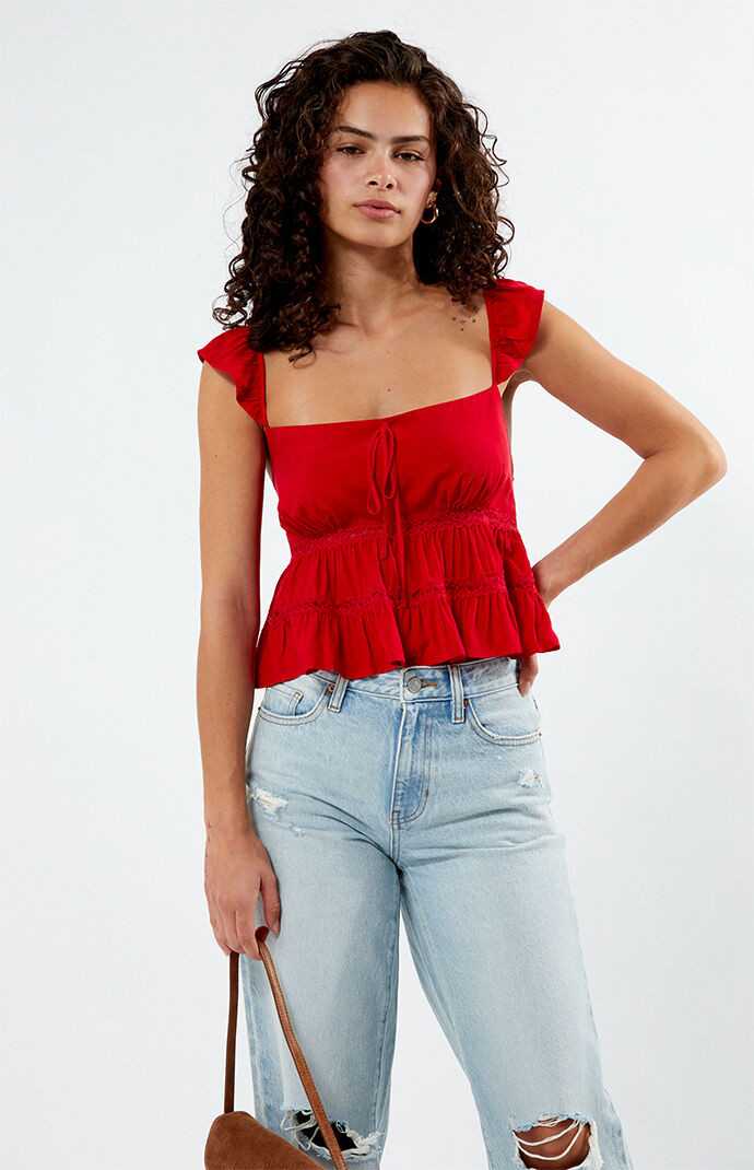 Women's Ruffle Lace Babydoll Top in Red - Size Medium | PacSun