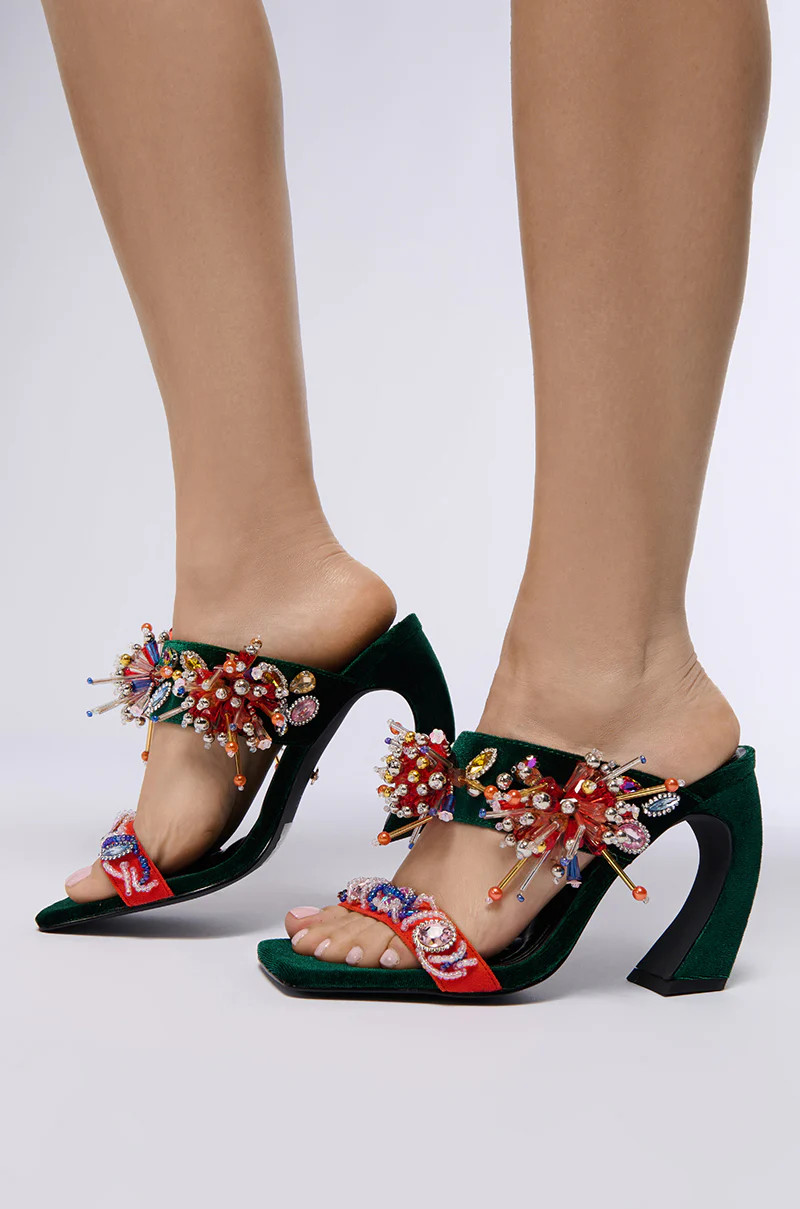 AZALEA WANG GREENBERRY GREEN EMBELLISHED VELVET SANDAL | AKIRA