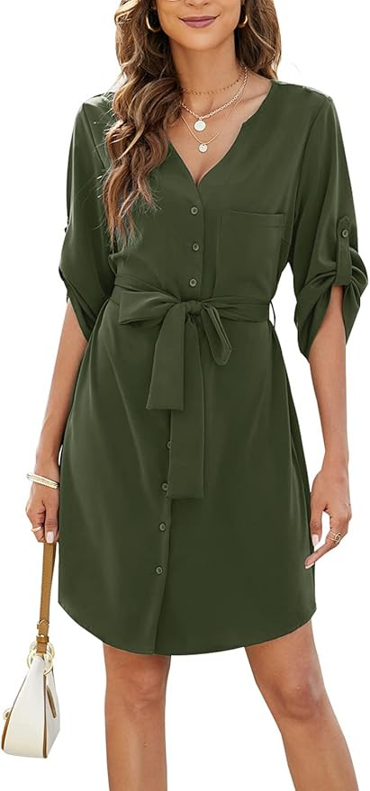 BMJL Womens Button Down Dress Summer V Neck 3/4 Sleeve Tie Waist Business Casual Work Mini Shirt ... | Amazon (US)