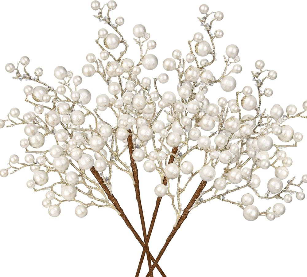 Hollyone 4 Pack Artificial Christmas Glitter Berries Stems, 19 Inch Fake White Holly Berry Picks ... | Amazon (US)