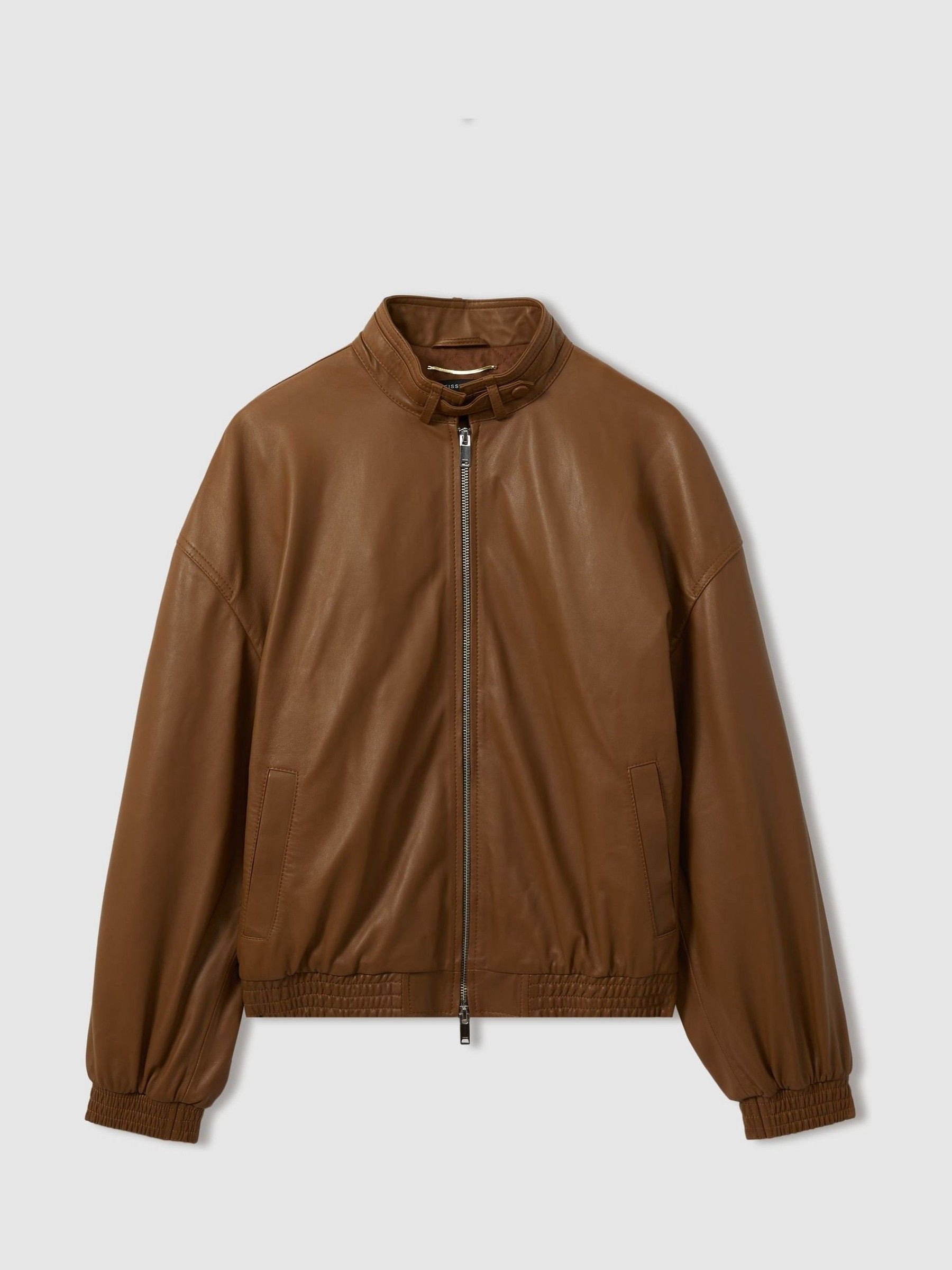Reiss Atelier Leather Latched-Collar Bomber Jacket in Tan - REISS | Reiss UK