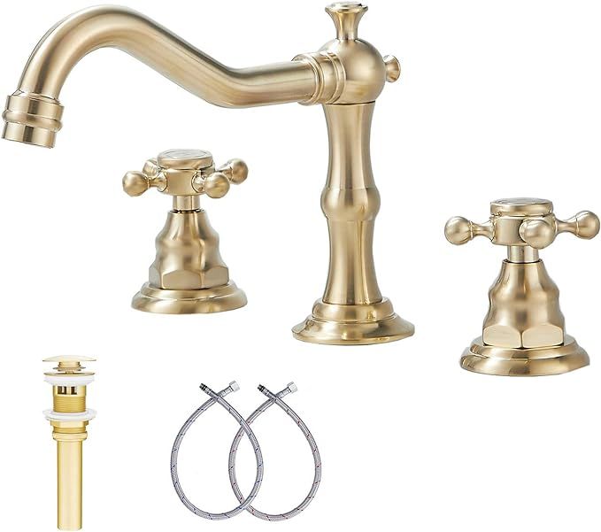 2 Handles Bathroom Faucet GGStudy Brushed Gold 2 Handles 3 Holes Widespread Bathroom Sink Facuet ... | Amazon (US)
