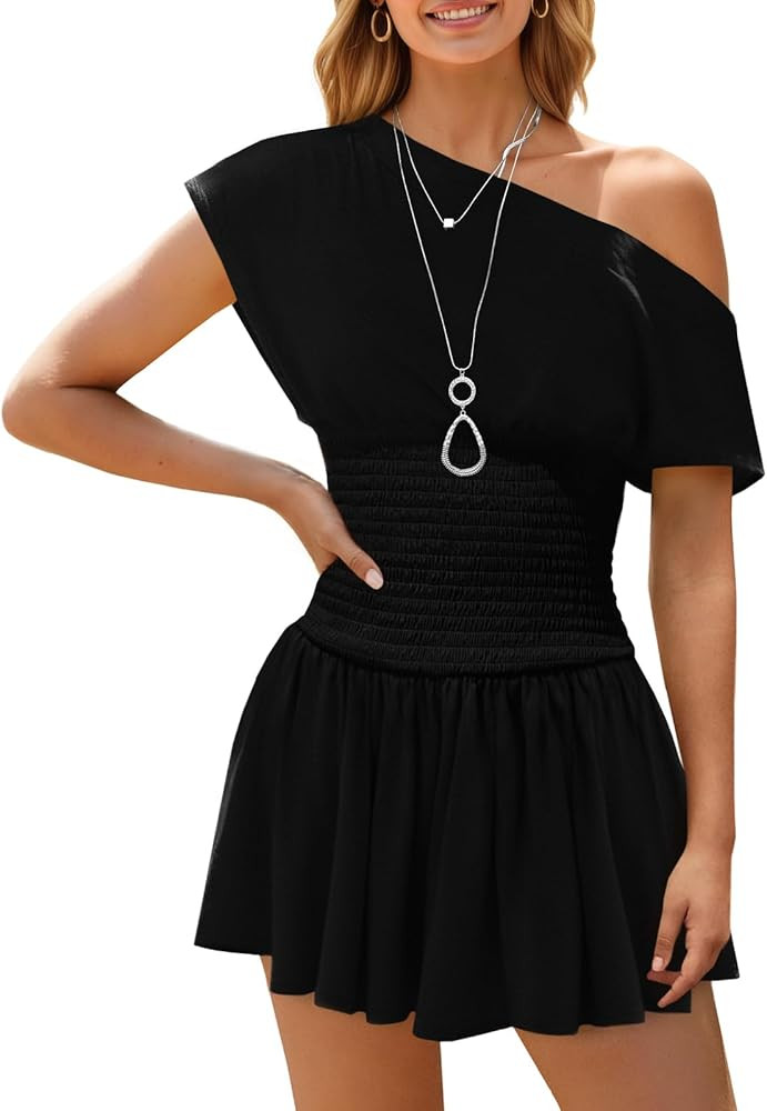 Wenrine Women's Off The Shoulder Mini Dress Summer Short Sleeve Smocked Waist Y2K A Line Going Ou... | Amazon (US)