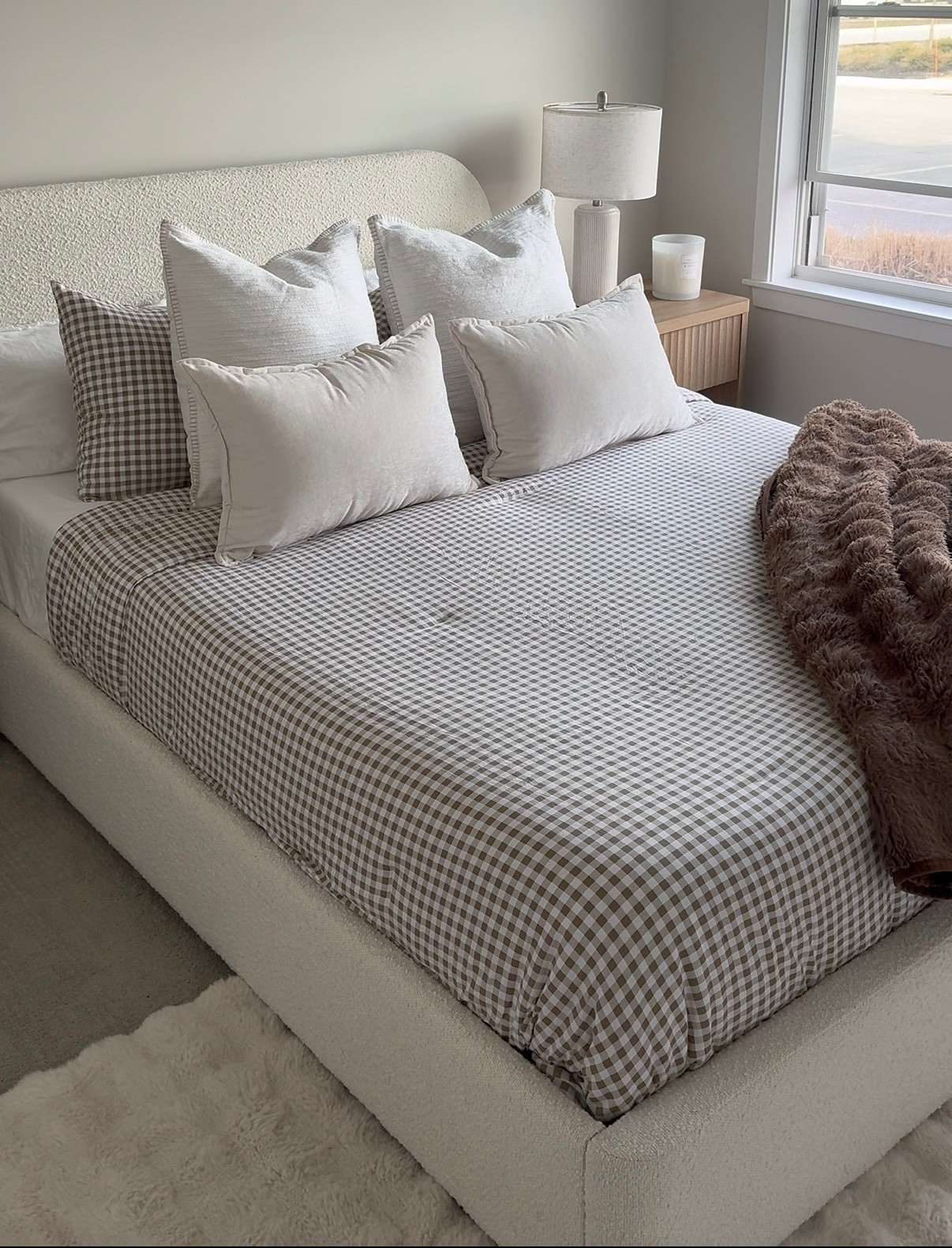 Wayfair ivory boucle bed and tan gingham comforter (includes 2 pillow covers) 