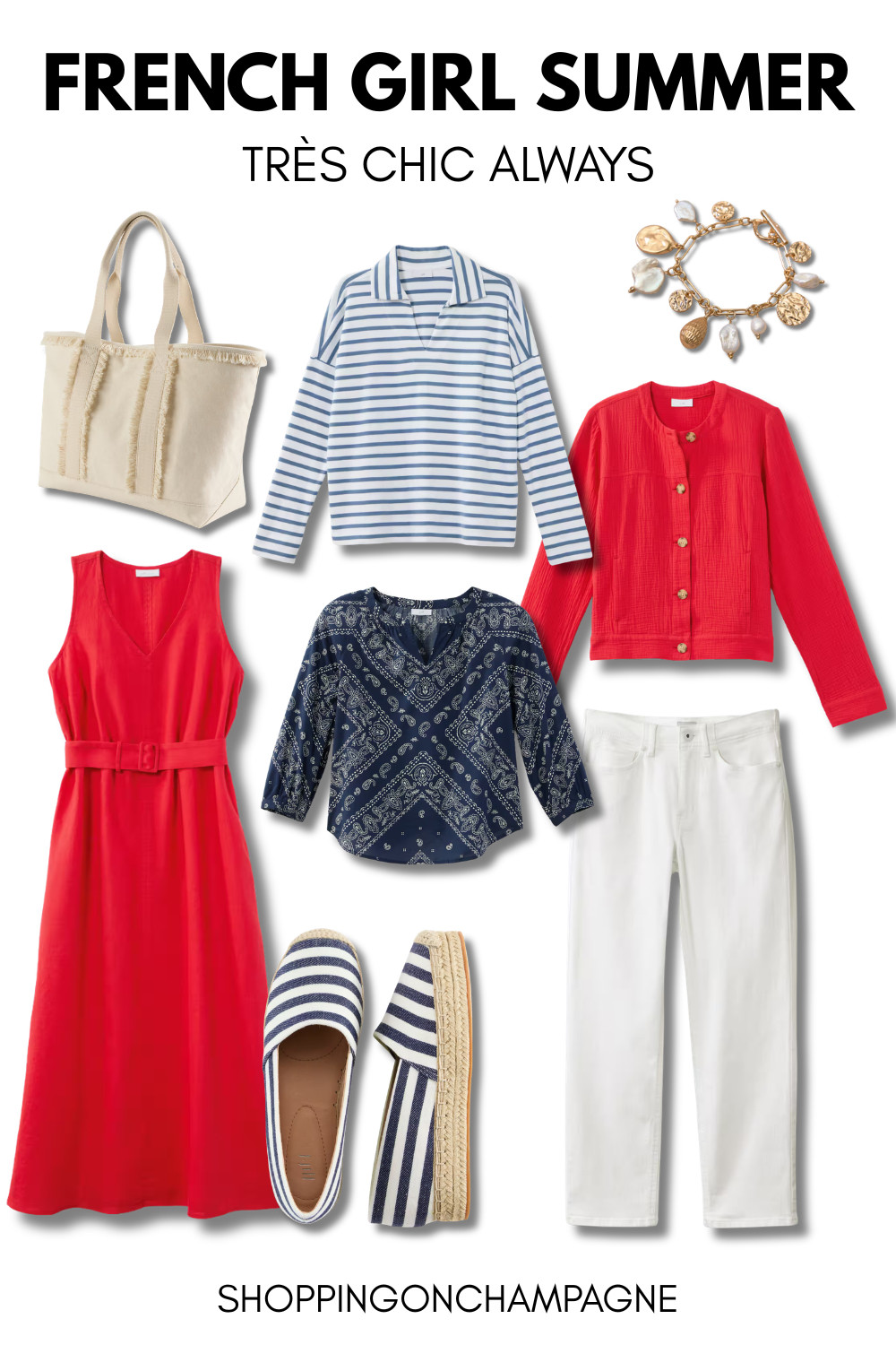 French girl summer style is all about a few strong pieces that do all the work. This J. Jill edit has everything: a red belted dress, white straight leg pants, a red cardigan, a navy bandana blouse, a stripe tee, and navy espadrilles. Classic, effortless, completely put together. French girl summer outfit, French girl aesthetic, summer outfits for women over 50, fashion over 50, classic style over 50. 

 #LTKSeasonal #LTKOver40 #LTKMidsize