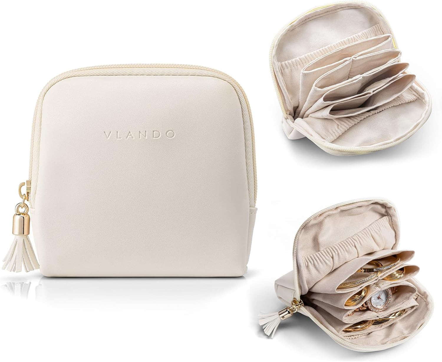 VLANDO Mini Jewelry Travel Case,Gifts for Teachers Women,Jewelry Pouch Bags with Zipper, Velvet Jewelry Organizer Storage Bag for Bracelet Rings Earring Travel Essentials-White | Amazon (US)