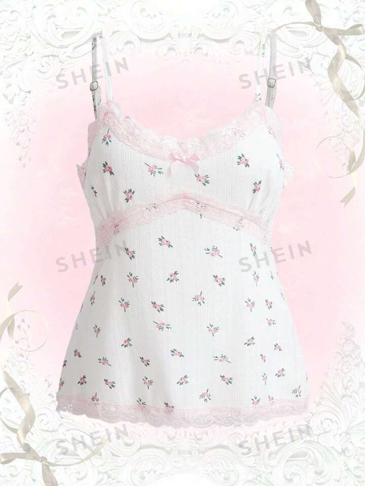 ROMWE Kawaii Ditsy Floral Print Contrast Lace Cami Top | SHEIN USA | SHEIN