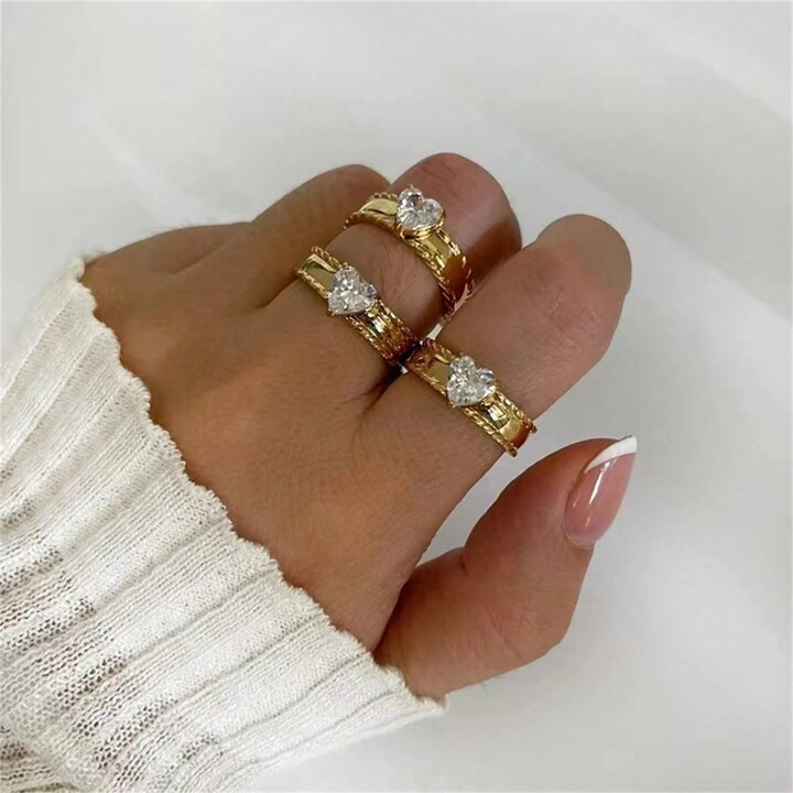 Aritio 1pc Vintage 18K Gold-Plated Stainless Steel Heart Shaped Ring With Cubic Zirconia Decorati... | SHEIN