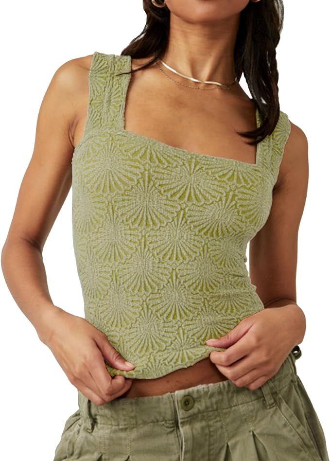 Women's Square Neck Wide Strap Crop Tank Tops Flower Embroidery Going Out Tops Slim Fit Lettuce T... | Amazon (US)