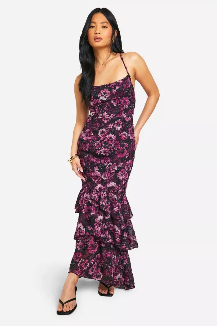 Petite Textured Floral Chiffon Ruffle Maxi Dress | boohoo (US & Canada)