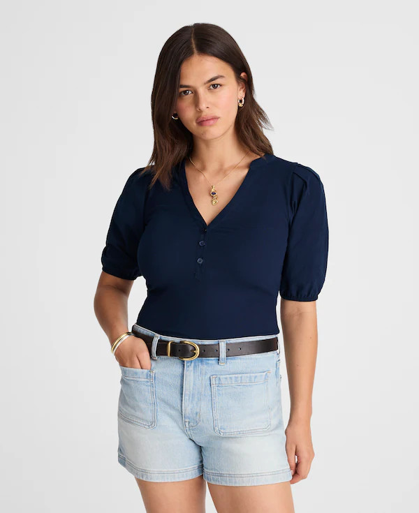 Puff-Sleeve Henley Knit Top | Madewell | Madewell