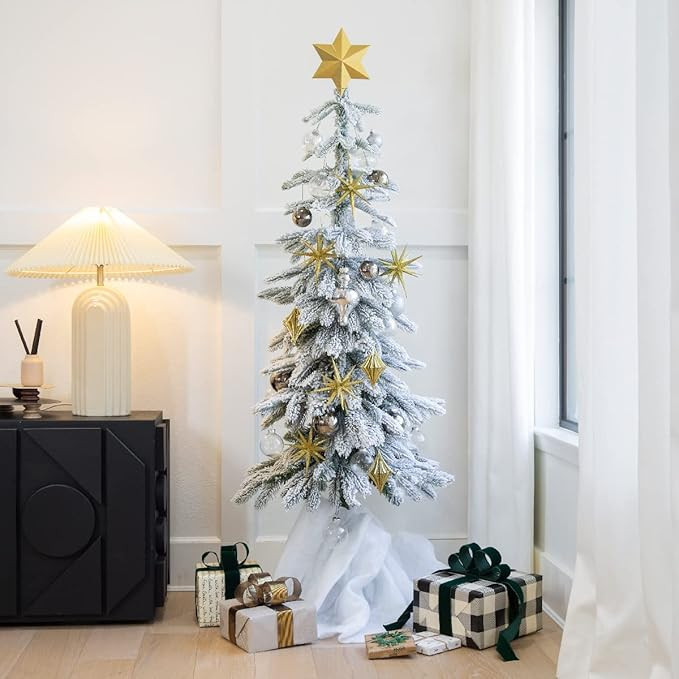 Barton 4.6' Frosted Alpine Slim Christmas Tree w/Ornaments & Planter White Snow Frocking Hinged D... | Amazon (US)