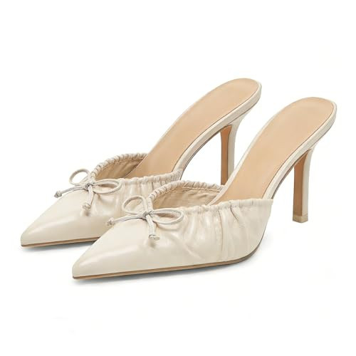 XBKXMK White Kitten Heels for Women Bow Pointed Toe Heel Dressy Slip on Mules Trendy Sexy Stiletto Pumps Shoes | Amazon (US)