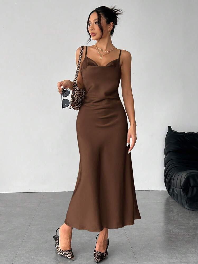Shein brown silk midi dress | SHEIN