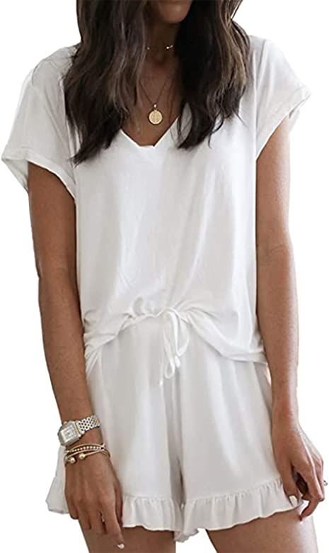 LuckyMore Womens Pajama Sets Shorts Soft Lounge Sets Short Sleeve V Neck Pj Set Sleepwear Top wit... | Amazon (US)