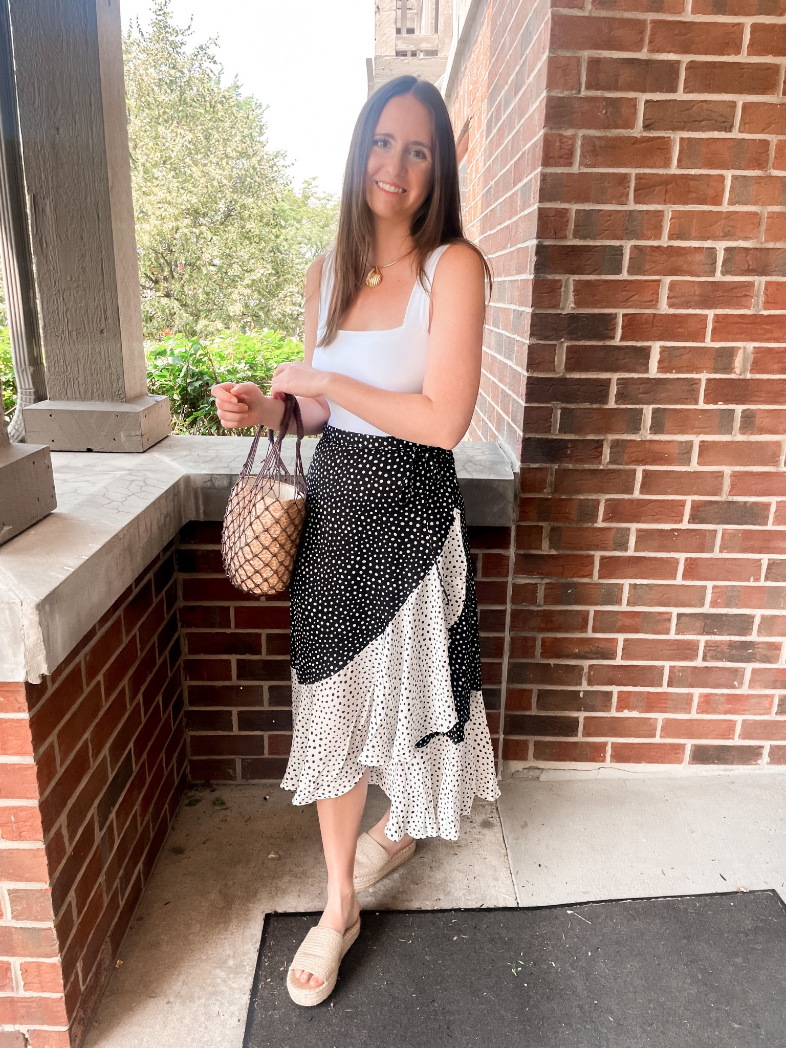 Summer outfit, summer style, maxi skirt, polka dot skirt, ruffle skirt, midi skirt, black and white, neutral outfit, grand millennial, resort wear, vacation, beach, white bodysuit, Abercrombie & Fitch, Summersalt, espadrille sandals, woven straw bag, j. Crew 

#LTKFind #LTKswim #LTKunder100