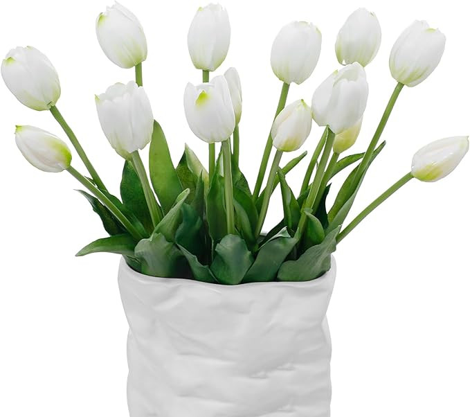 15 Pcs White Artificial Flowers Tulips Real Touch Latex Plastic Soft Faux Bouquets for Party, Wed... | Amazon (US)