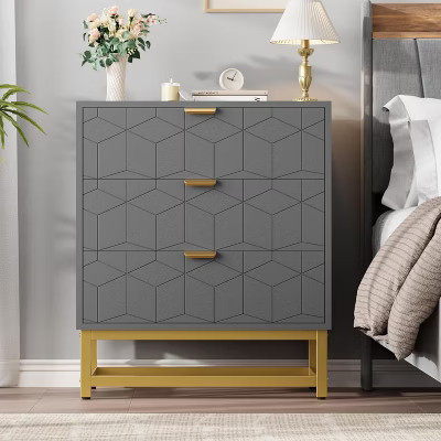 MDF 3-Drawer Dresser, U7 Lacquered Diamond-Patterned Chest of Drawers, Gray, for Bedroom Living Room | Target