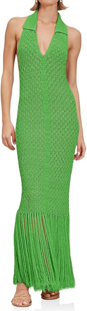 Saodimallsu Womens Halter Crochet Cover Up Fringe Sexy Backless Sleeveless V Neck Collared Vacati... | Amazon (US)