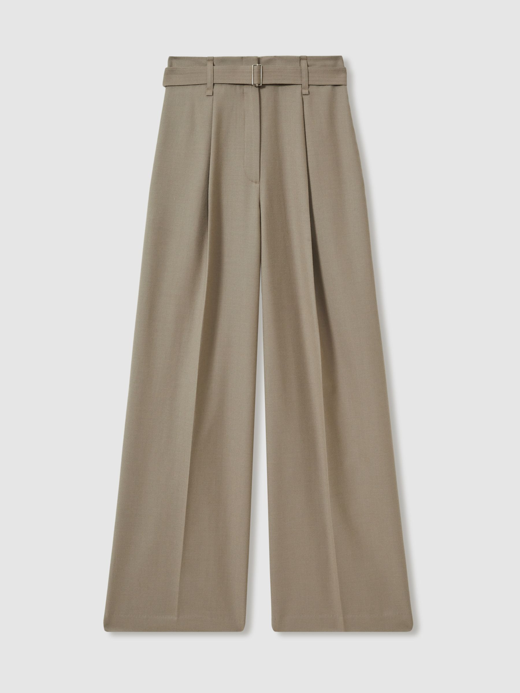 Wool Belted Wide-Leg Trousers in Neutral | Reiss UK