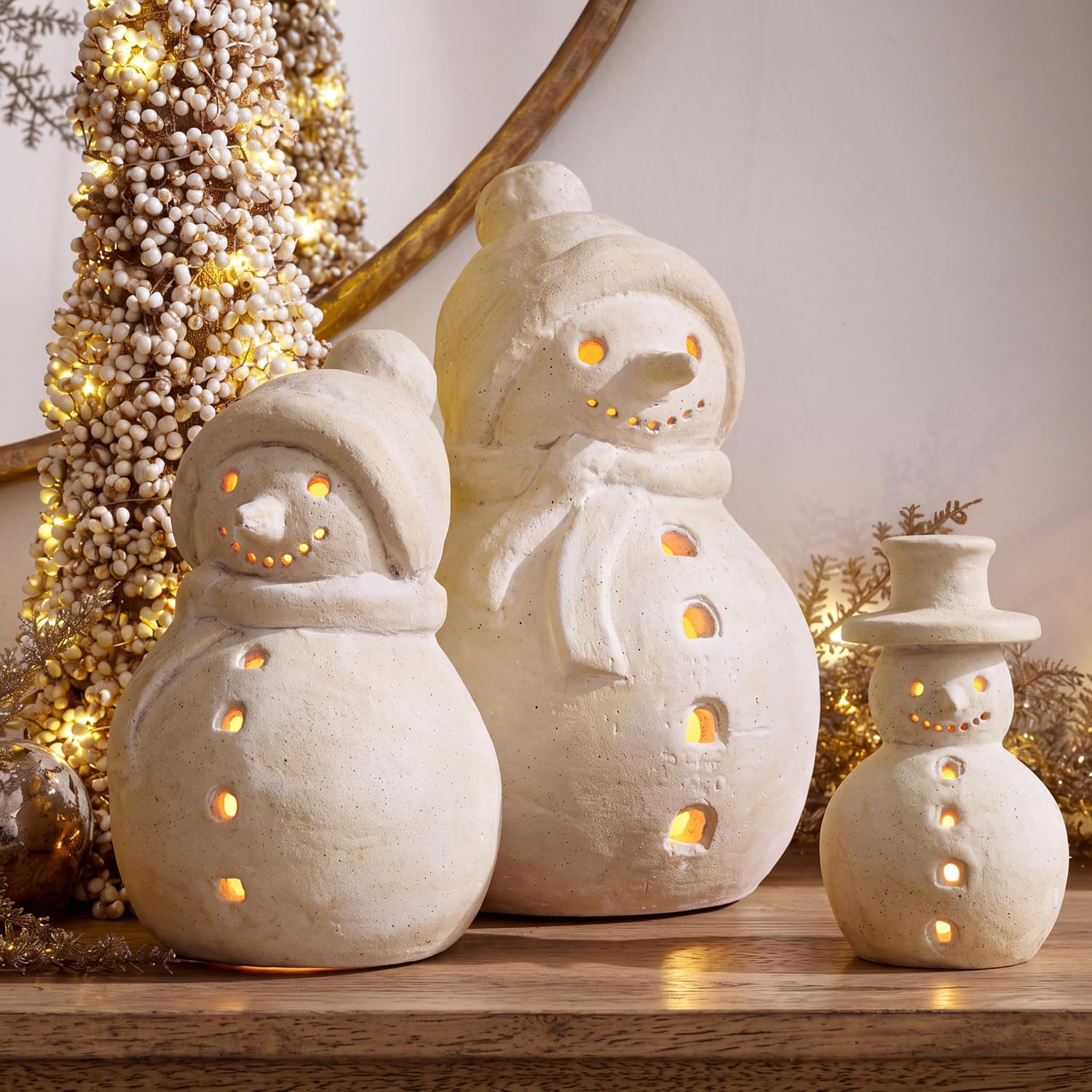 Yungyan 3 Pcs Terracotta Christmas Snowman Figurines Rustic LED Lighted | Amazon (US)