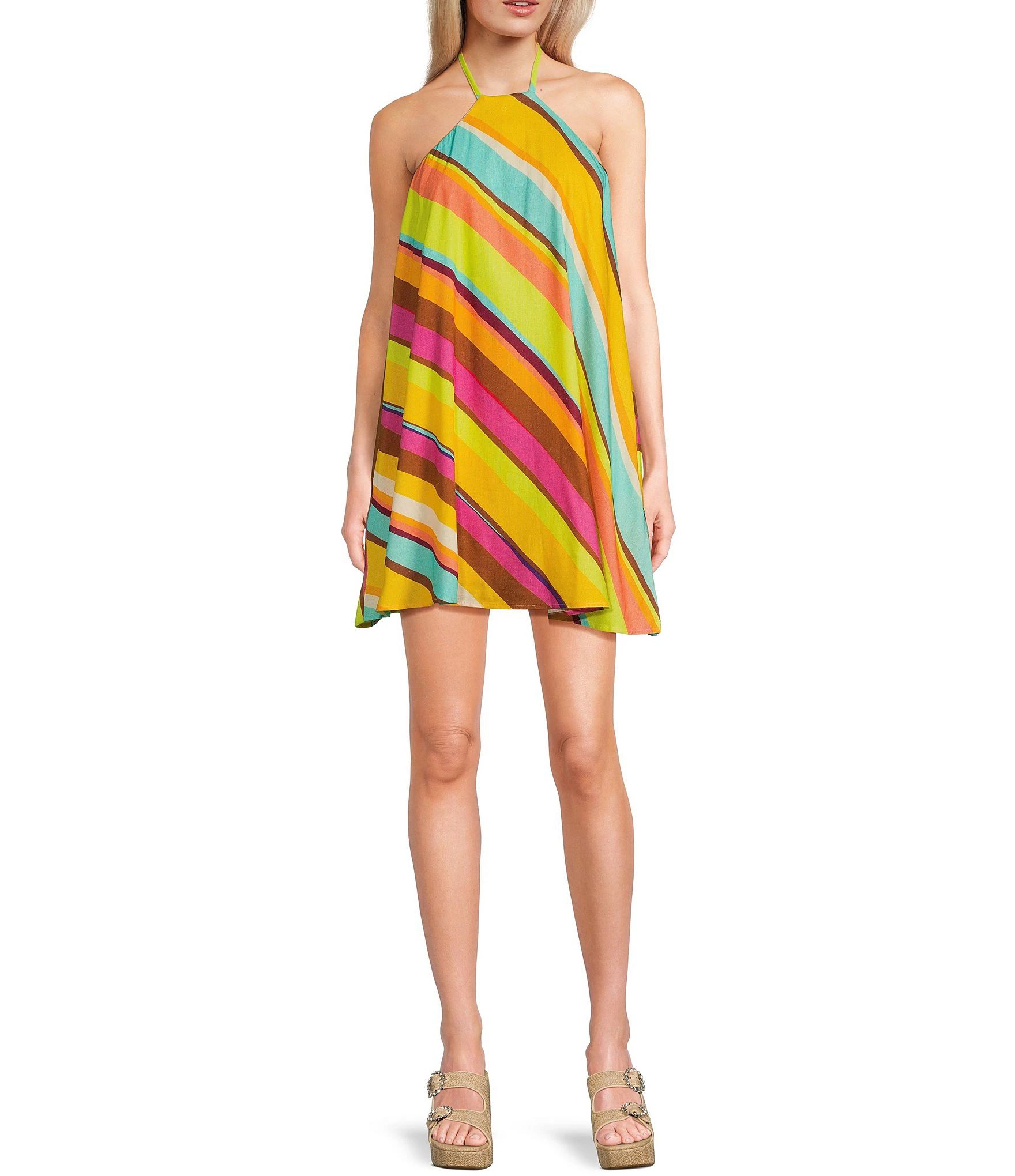 Linen Blend Sleeveless Stripe Halter Dress | Dillard's