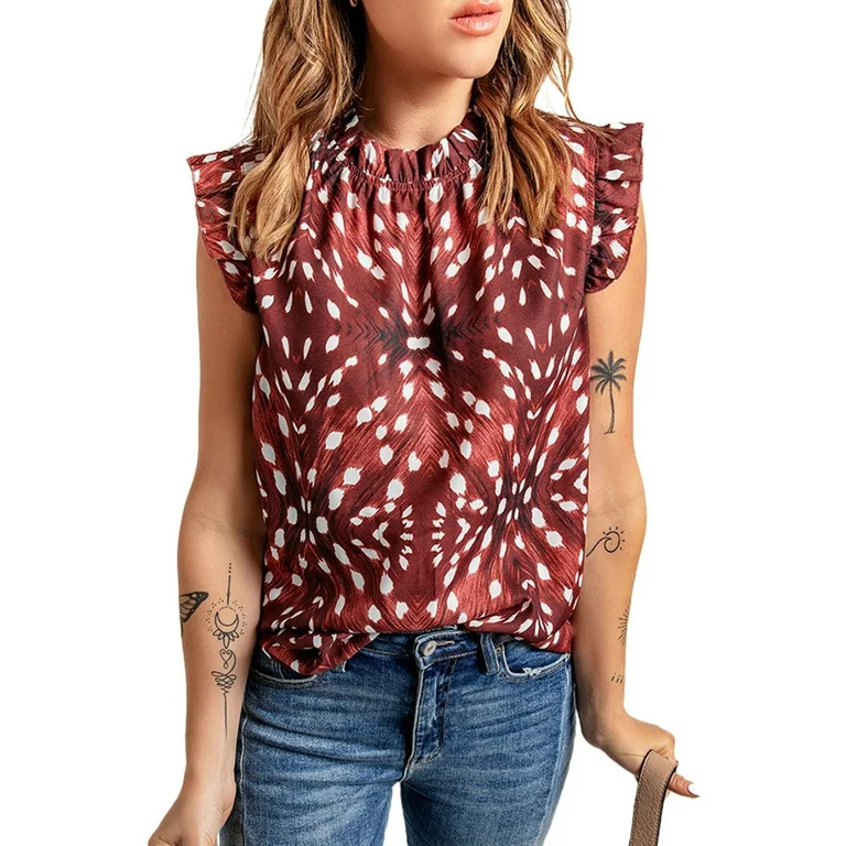 Dokotoo Women's Brown Blouses Color Block Print Sleeveless Ruffle Trim Casual Summer Top Size Med... | Walmart (US)