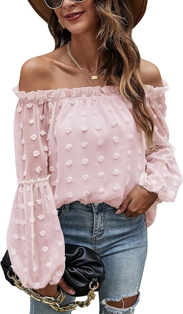 Blooming Jelly Women's Off The Shoulder Tops Chiffon Blouses Long Sleeve Shirts Flattering Pom Po... | Amazon (US)