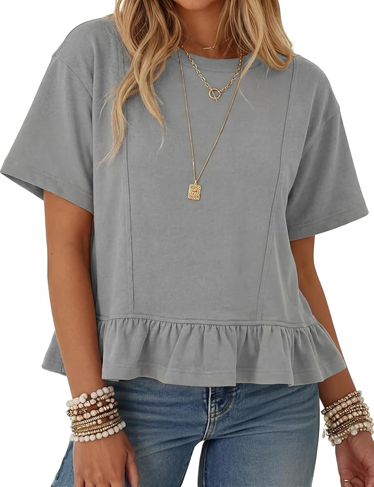 Watashi Women Oversized Short Sleeve Crop Top Casual Crew Neck Ruffle Hem Badydoll Summer Blouses... | Amazon (US)