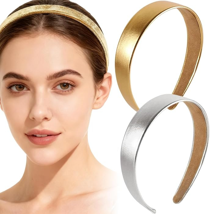 2Pcs Metallic Leather Headbands Set, Gold & Silver Shiny Hairbands, Fashionable Non Slip Hair Acc... | Amazon (US)